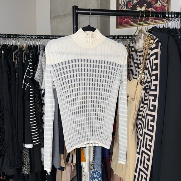 Akris Cream Sheer Grid Mulberry Silk Turtleneck Ribbed Knit Top Womens US 8 EUC - Picture 2 of 12
